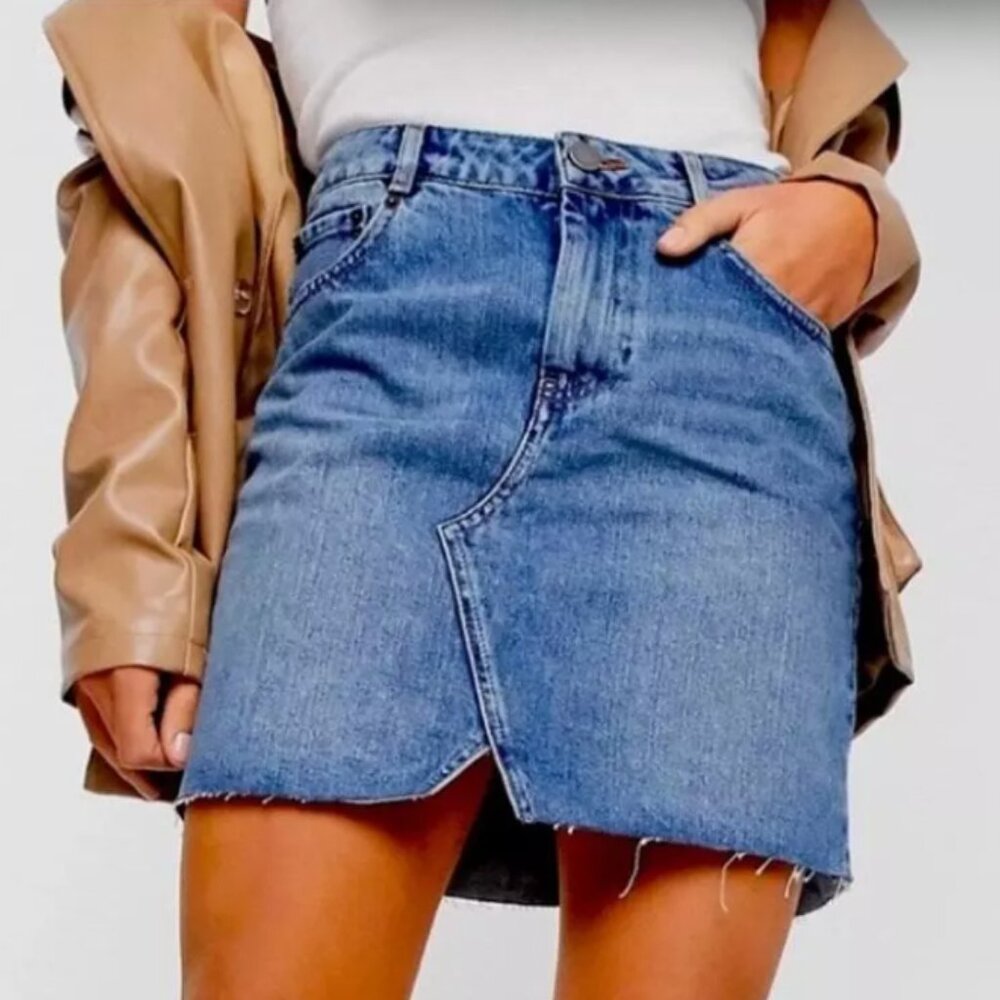 ASOS High Waisted Pelmet Denim Skirt in Mid Wash Blue Size 2